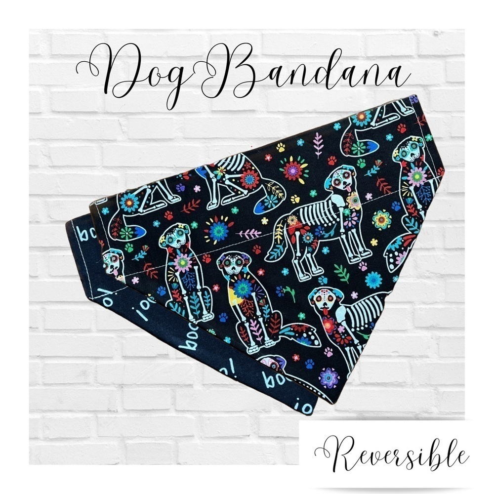 Halloween Dog Skeleton Handmade Reversible Over Collar Dog Bandana XS SM M La…